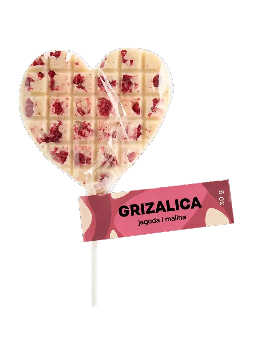 Yaya Grizalica u obliku srca od bijele čokolade s jagodom i malinom, 30 g